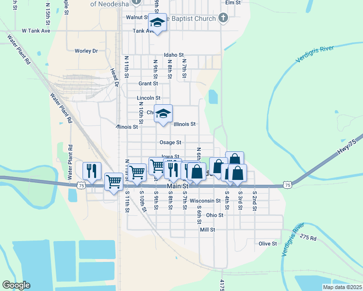 map of restaurants, bars, coffee shops, grocery stores, and more near 703 Osage Street in Neodesha