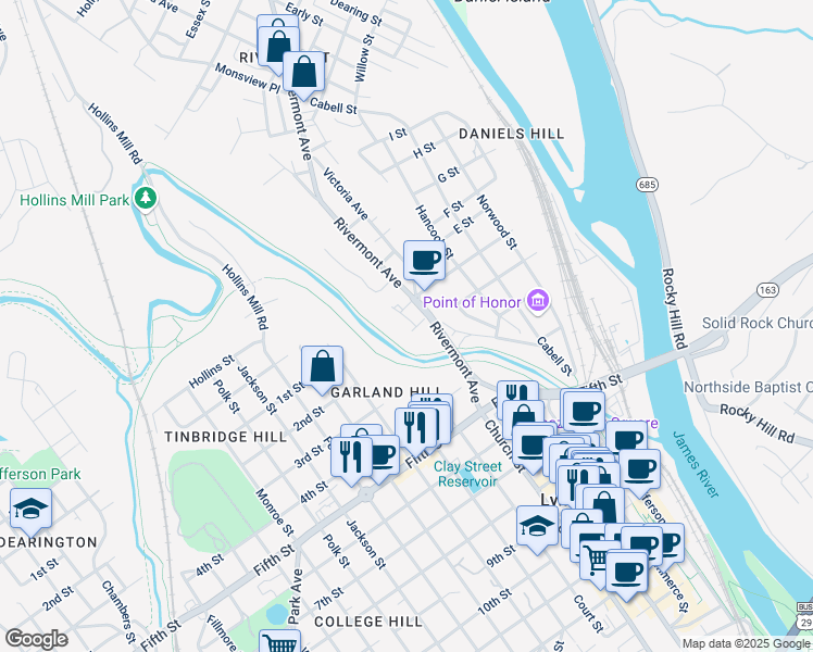 map of restaurants, bars, coffee shops, grocery stores, and more near 305 Blackford Street in Lynchburg