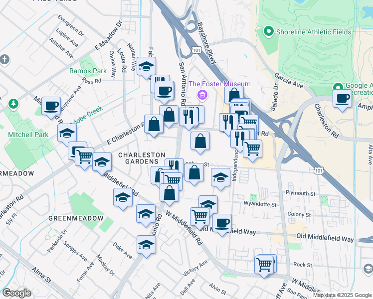 map of restaurants, bars, coffee shops, grocery stores, and more near 810 San Antonio Road in Palo Alto