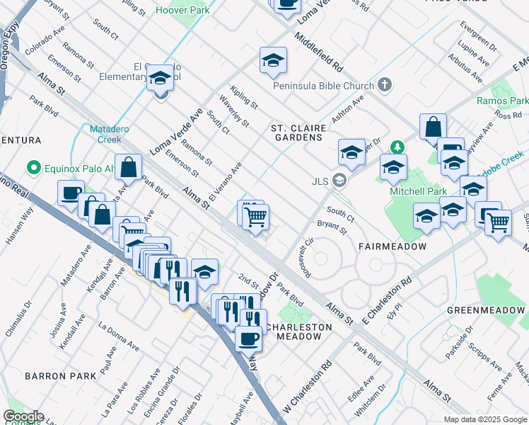 map of restaurants, bars, coffee shops, grocery stores, and more near 3374 Ramona Street in Palo Alto