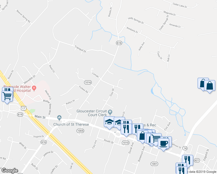 map of restaurants, bars, coffee shops, grocery stores, and more near 6484 Wyncote Avenue in Gloucester Courthouse
