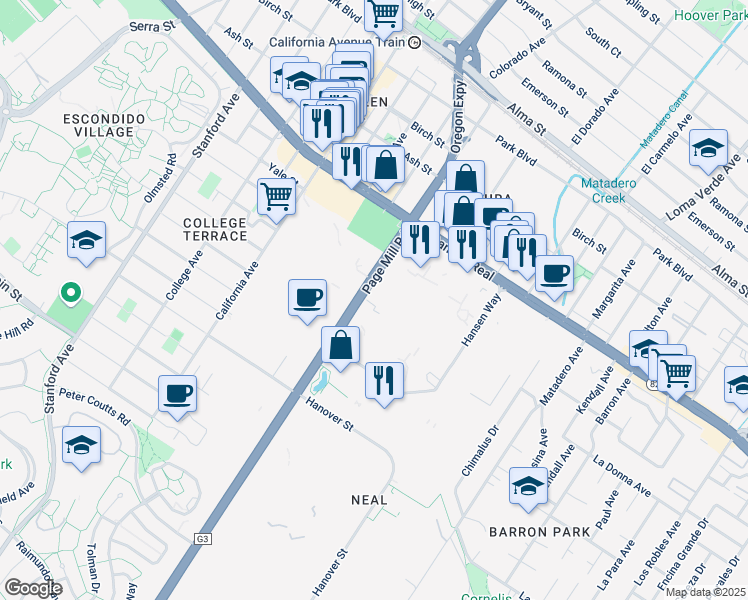 map of restaurants, bars, coffee shops, grocery stores, and more near 835 Page Mill Road in Palo Alto