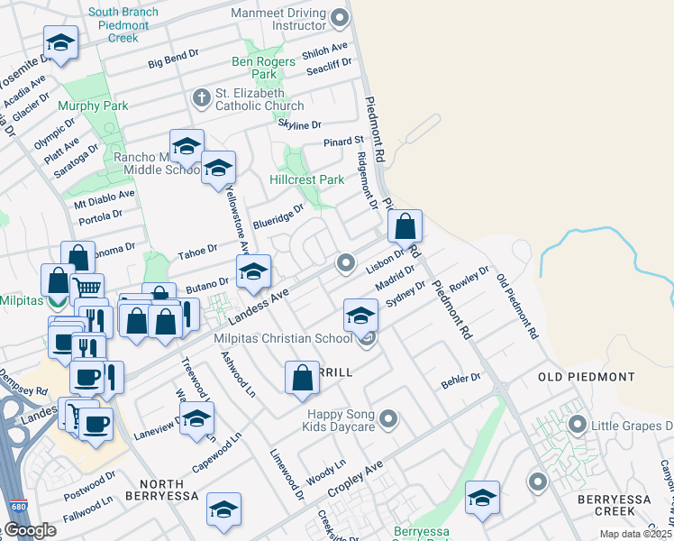map of restaurants, bars, coffee shops, grocery stores, and more near 3344 Landess Avenue in San Jose