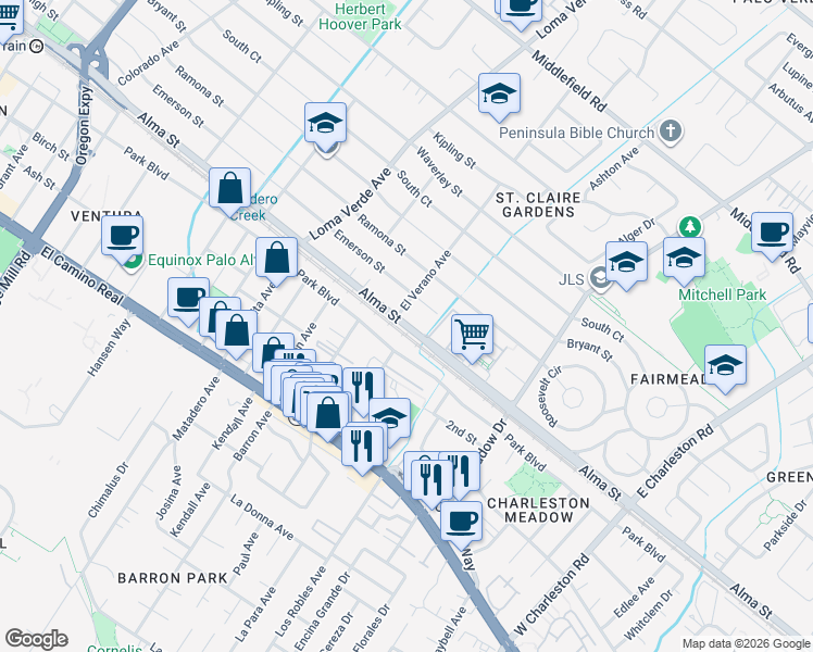 map of restaurants, bars, coffee shops, grocery stores, and more near 3342 Alma Street in Palo Alto