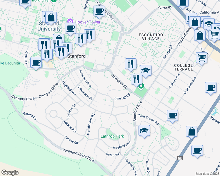 map of restaurants, bars, coffee shops, grocery stores, and more near 813 San Francisco Terrace in Stanford