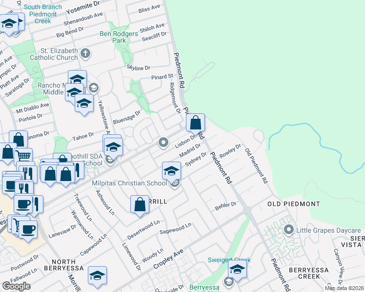 map of restaurants, bars, coffee shops, grocery stores, and more near 3580 Lisbon Drive in San Jose