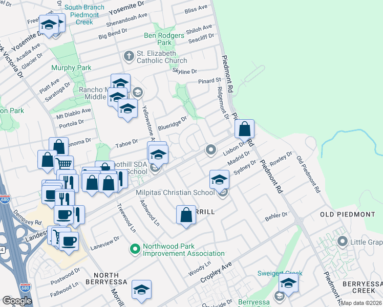 map of restaurants, bars, coffee shops, grocery stores, and more near 2121 Calle Mesa Alta in Milpitas