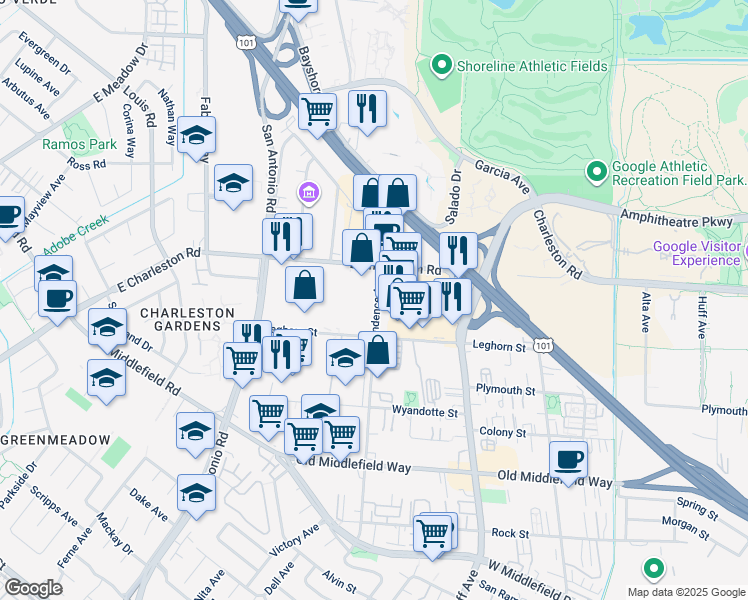 map of restaurants, bars, coffee shops, grocery stores, and more near 1124 Independence Ave in Mountain View