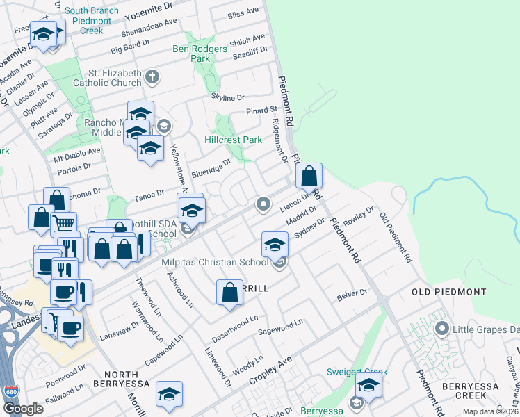 map of restaurants, bars, coffee shops, grocery stores, and more near 3344 Landess Avenue in San Jose