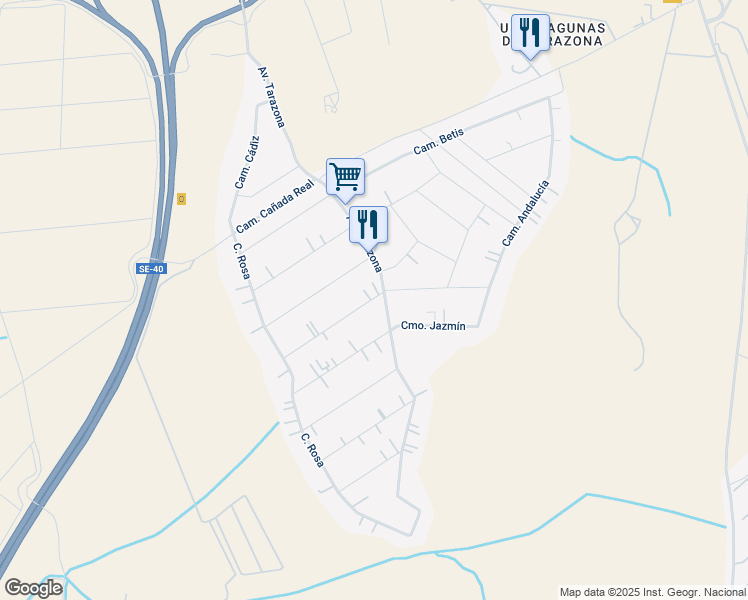 map of restaurants, bars, coffee shops, grocery stores, and more near 128 Camino Triana in La Rinconada