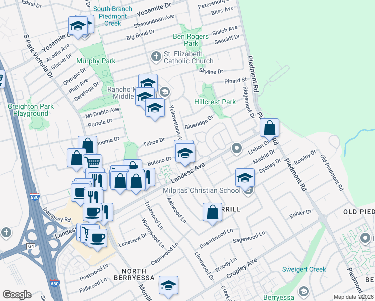map of restaurants, bars, coffee shops, grocery stores, and more near 2030 Calle Mesa Alta in Milpitas