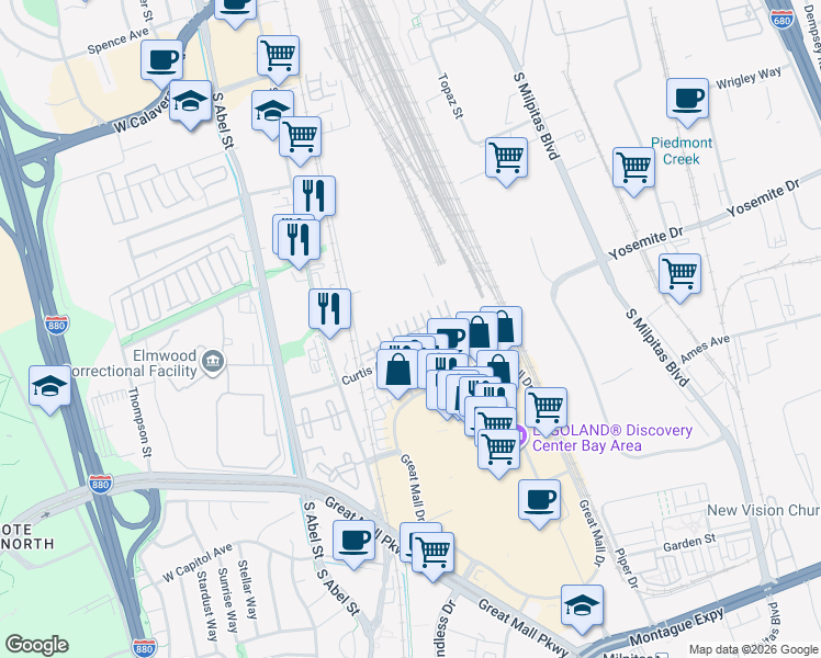 map of restaurants, bars, coffee shops, grocery stores, and more near 183 Parc Place Drive in Milpitas