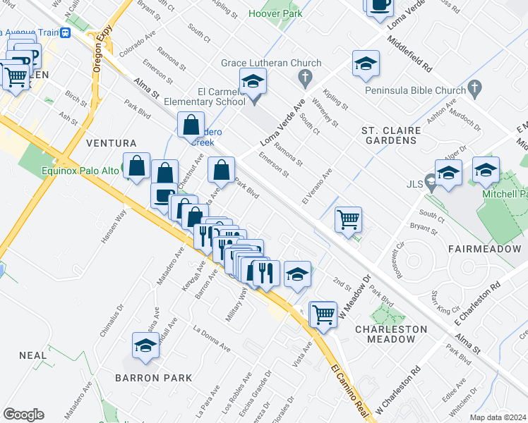 map of restaurants, bars, coffee shops, grocery stores, and more near 220 Curtner Avenue in Palo Alto