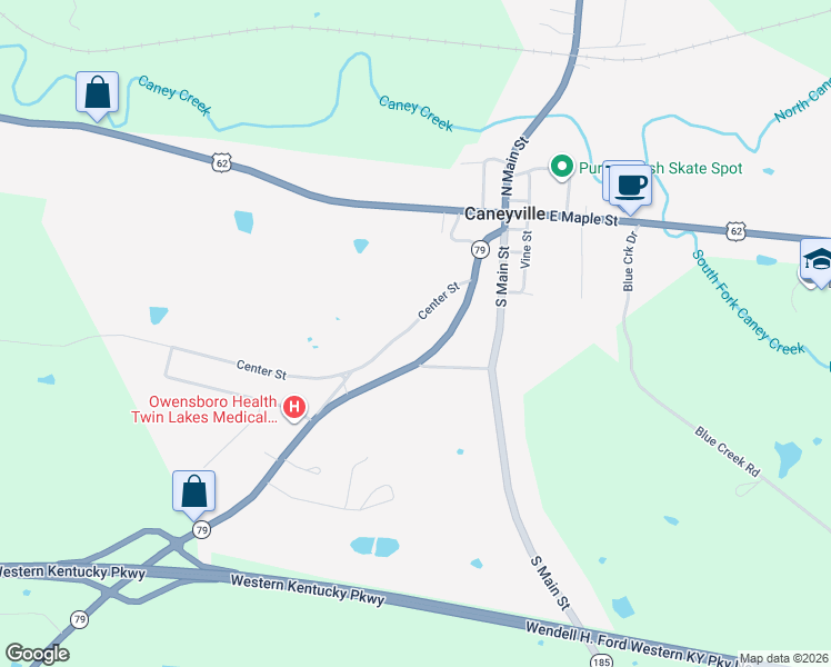 map of restaurants, bars, coffee shops, grocery stores, and more near Morgantown Street in Caneyville