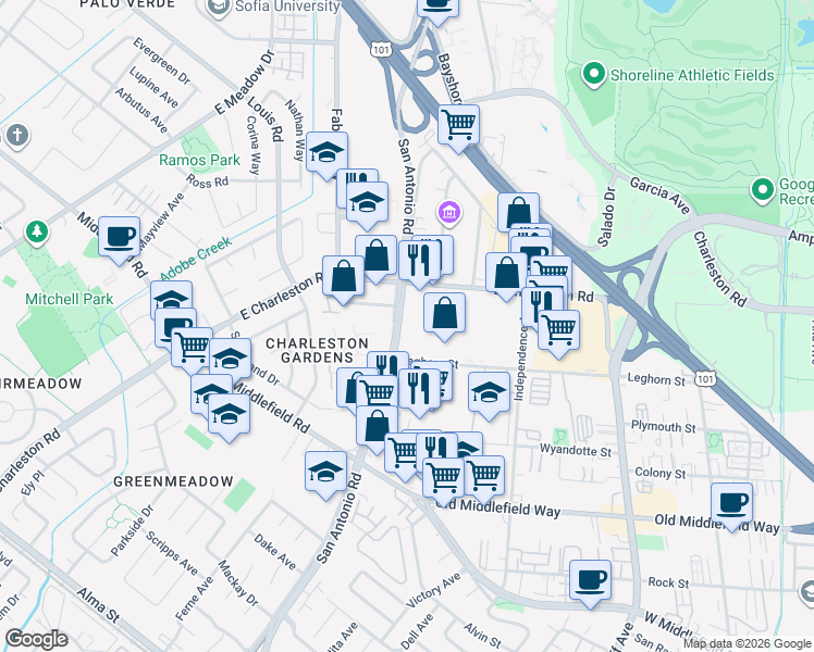 map of restaurants, bars, coffee shops, grocery stores, and more near 810 San Antonio Road in Palo Alto