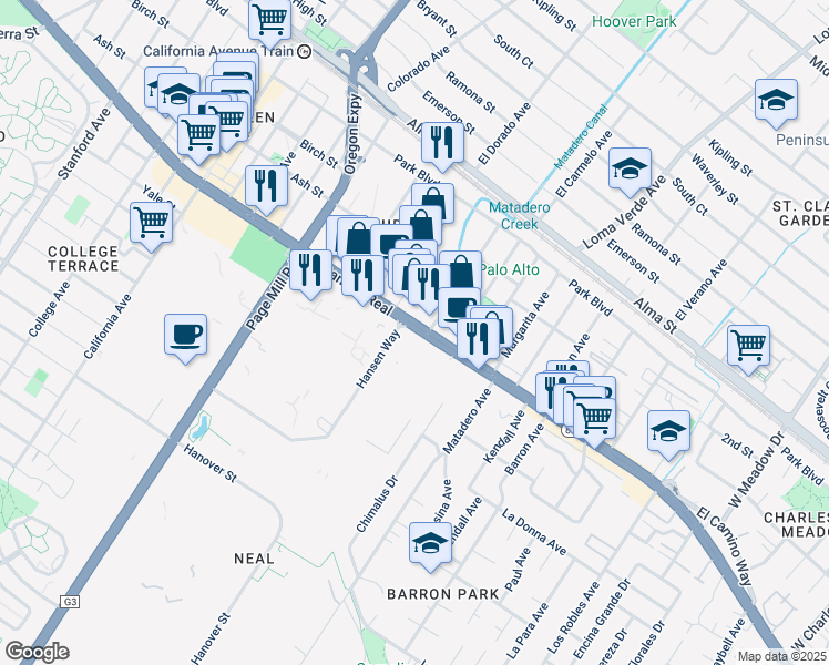 map of restaurants, bars, coffee shops, grocery stores, and more near 3300 El Camino Real in Palo Alto