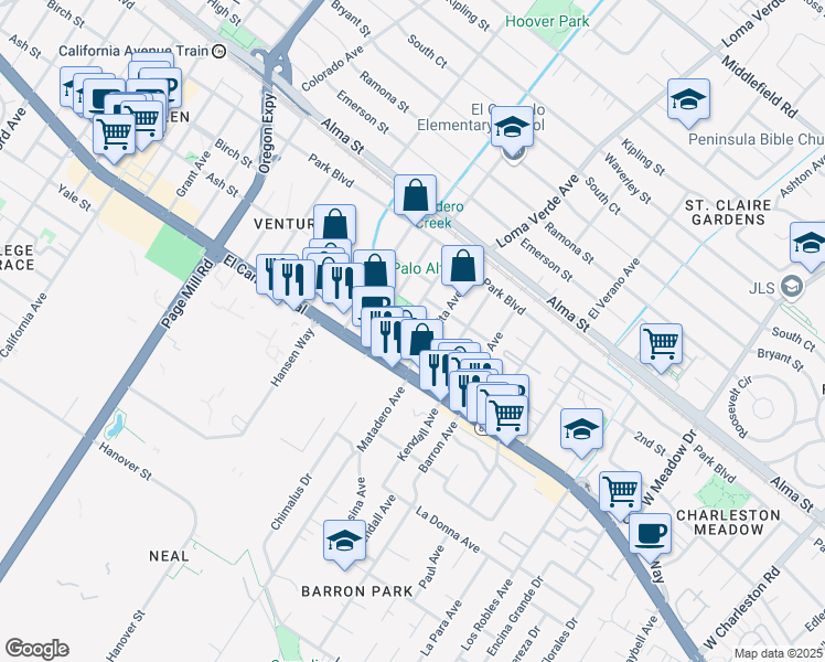 map of restaurants, bars, coffee shops, grocery stores, and more near 435 Fernando Avenue in Palo Alto