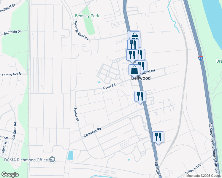 map of restaurants, bars, coffee shops, grocery stores, and more near 2804 Alcott Road in Richmond