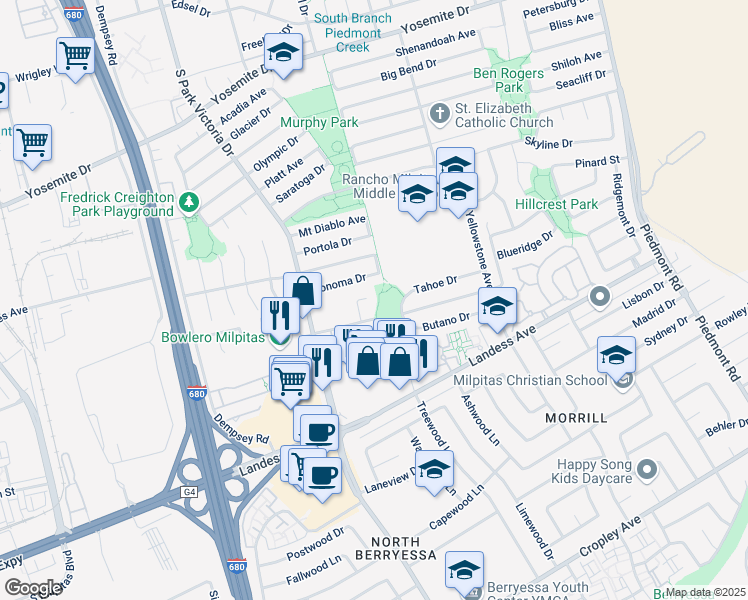 map of restaurants, bars, coffee shops, grocery stores, and more near 1200 Clear Lake Court in Milpitas