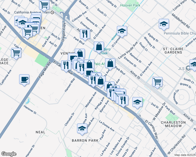 map of restaurants, bars, coffee shops, grocery stores, and more near 435 Fernando Avenue in Palo Alto
