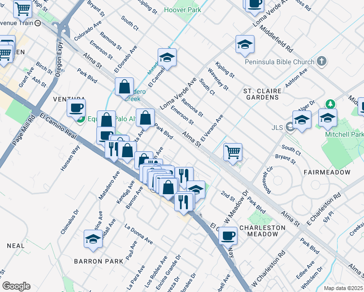 map of restaurants, bars, coffee shops, grocery stores, and more near Park Boulevard & Curtner Avenue in Palo Alto