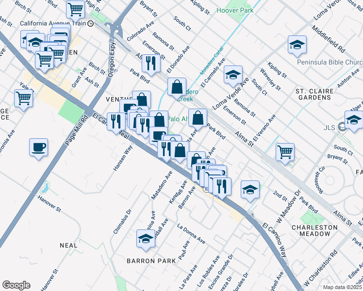 map of restaurants, bars, coffee shops, grocery stores, and more near 435 Fernando Avenue in Palo Alto