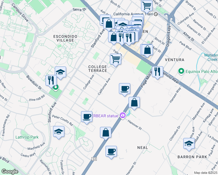 map of restaurants, bars, coffee shops, grocery stores, and more near 1117 California Avenue in Palo Alto