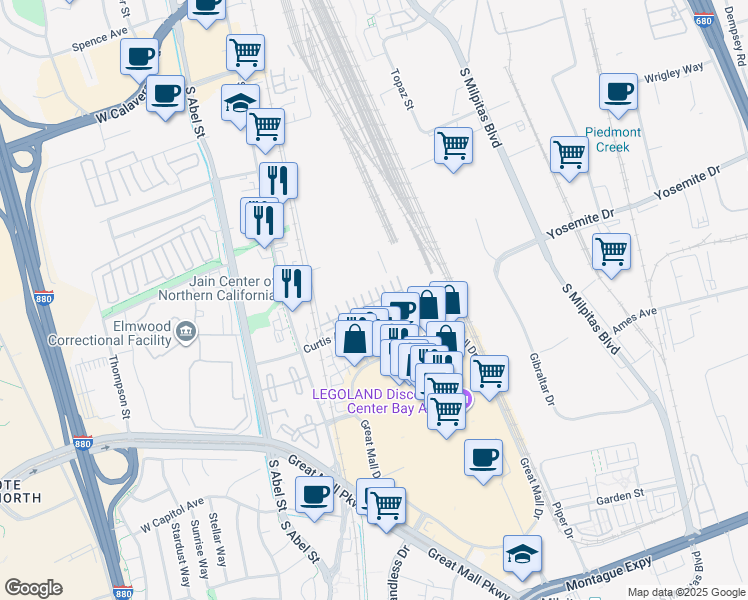 map of restaurants, bars, coffee shops, grocery stores, and more near 183 Parc Place Drive in Milpitas
