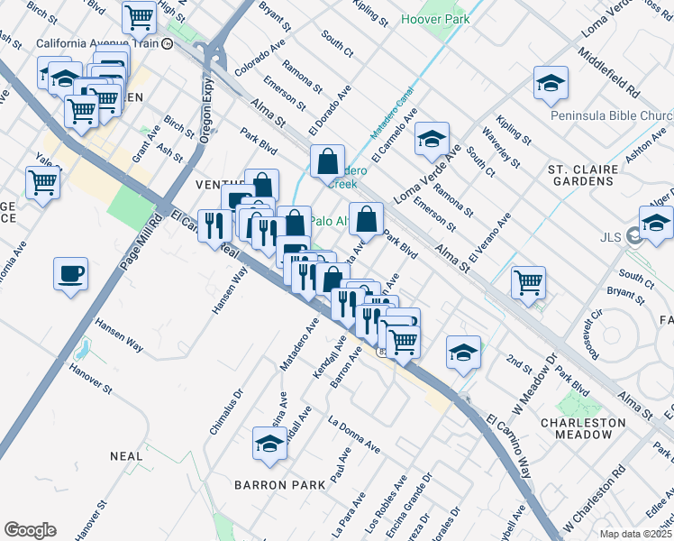 map of restaurants, bars, coffee shops, grocery stores, and more near 435 Fernando Avenue in Palo Alto