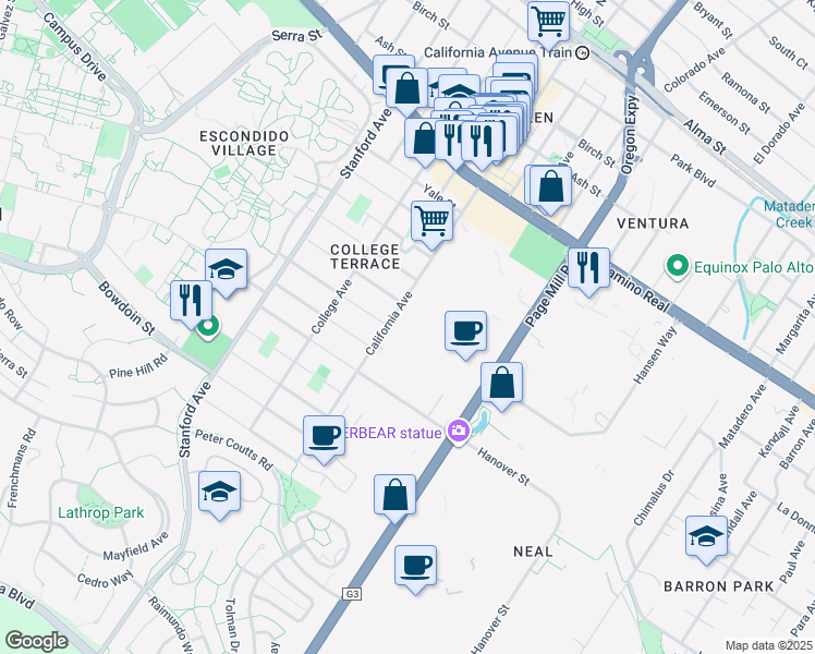 map of restaurants, bars, coffee shops, grocery stores, and more near 1100 California Avenue in Palo Alto