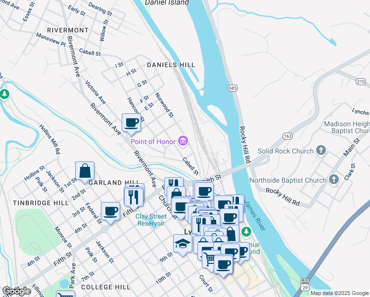 map of restaurants, bars, coffee shops, grocery stores, and more near 112 Cabell Street in Lynchburg