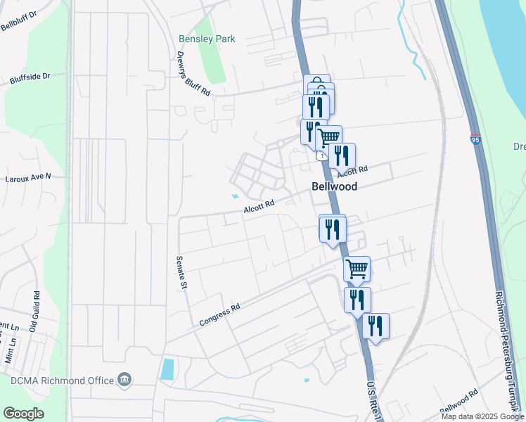 map of restaurants, bars, coffee shops, grocery stores, and more near 2804 Alcott Road in Richmond