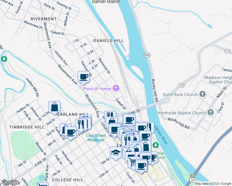 map of restaurants, bars, coffee shops, grocery stores, and more near 112 Cabell Street in Lynchburg