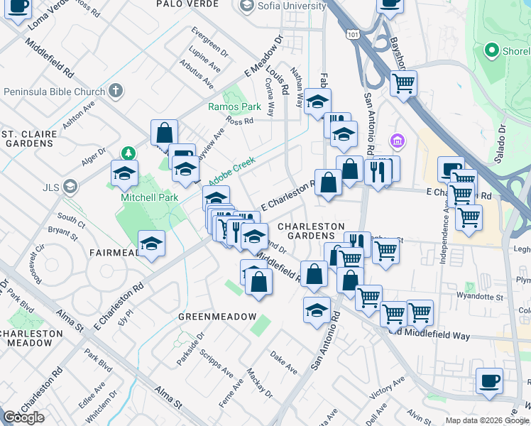 map of restaurants, bars, coffee shops, grocery stores, and more near 721 Seminole Way in Palo Alto