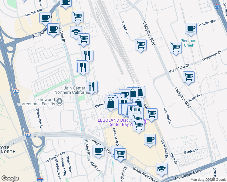 map of restaurants, bars, coffee shops, grocery stores, and more near 167 Parc Place Drive in Milpitas