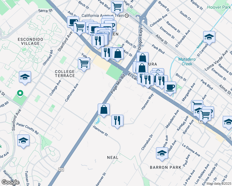 map of restaurants, bars, coffee shops, grocery stores, and more near 835 Page Mill Road in Palo Alto