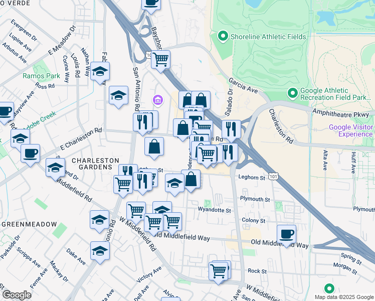map of restaurants, bars, coffee shops, grocery stores, and more near 1124 Independence Avenue in Mountain View