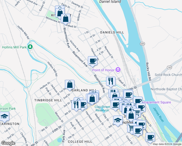 map of restaurants, bars, coffee shops, grocery stores, and more near 305 Blackford Street in Lynchburg
