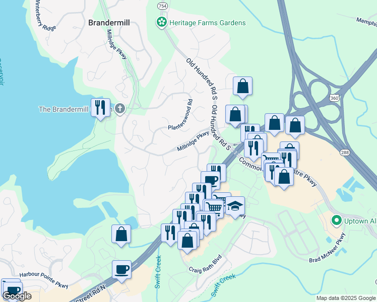 map of restaurants, bars, coffee shops, grocery stores, and more near 13204 Court Ridge Road in Midlothian