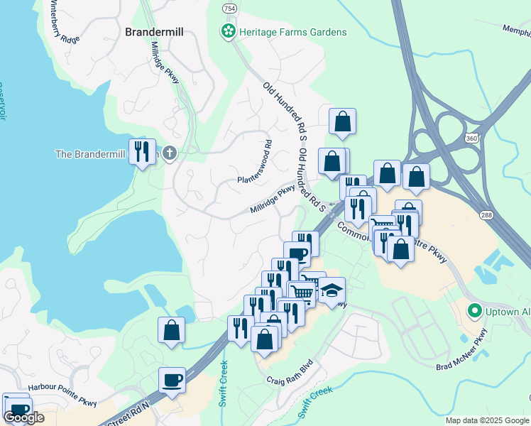 map of restaurants, bars, coffee shops, grocery stores, and more near 13204 Court Ridge Road in Midlothian