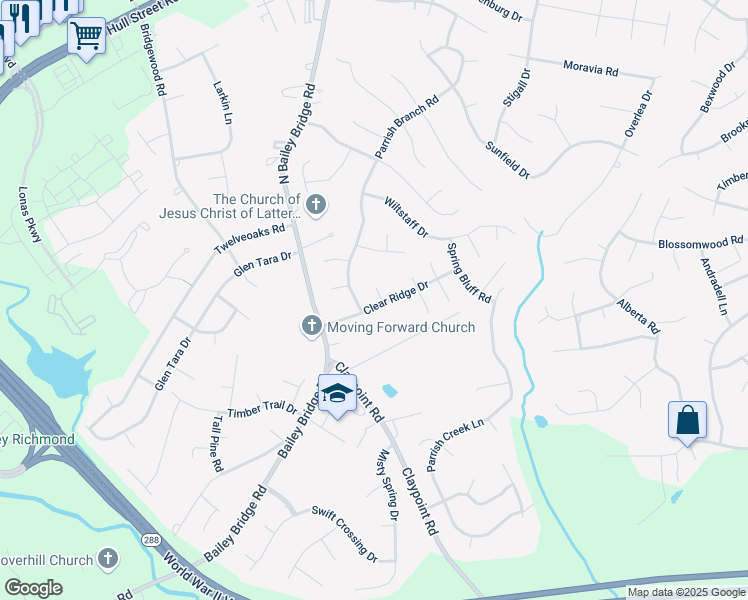 map of restaurants, bars, coffee shops, grocery stores, and more near 5042 Clear Ridge Terrace in Midlothian