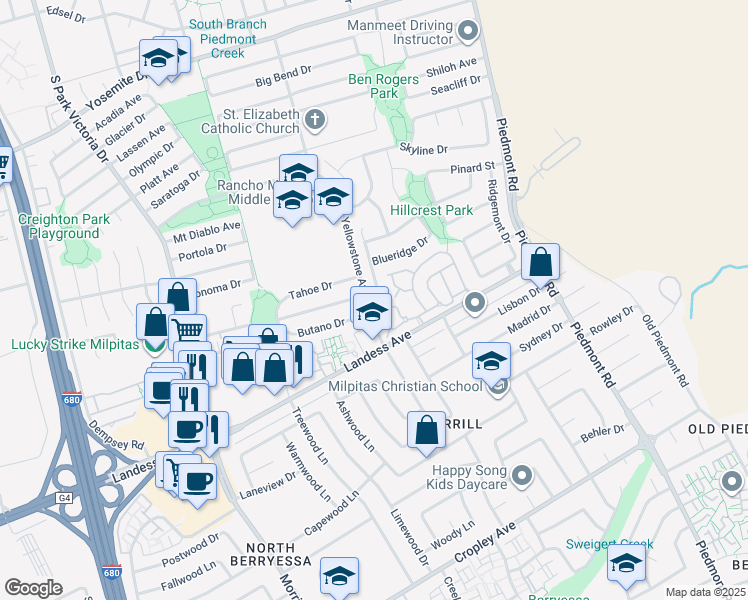 map of restaurants, bars, coffee shops, grocery stores, and more near 2030 Calle Mesa Alta in Milpitas