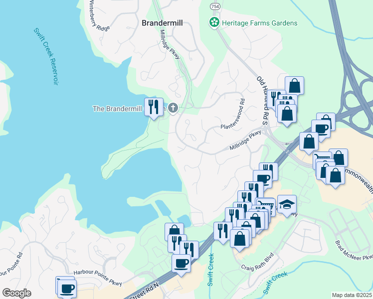 map of restaurants, bars, coffee shops, grocery stores, and more near 4801 Woodbriar Court in Midlothian