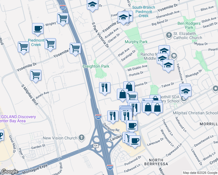 map of restaurants, bars, coffee shops, grocery stores, and more near 1028 Matterhorn Court in Milpitas