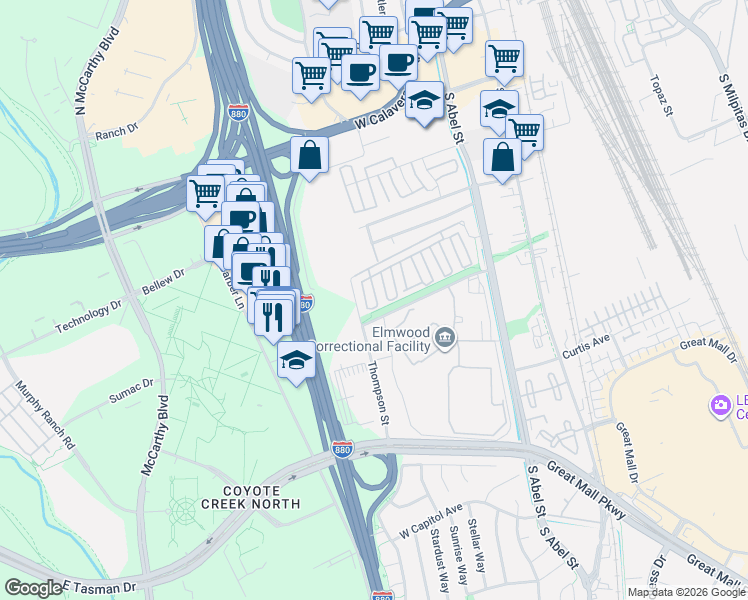 map of restaurants, bars, coffee shops, grocery stores, and more near in Milpitas