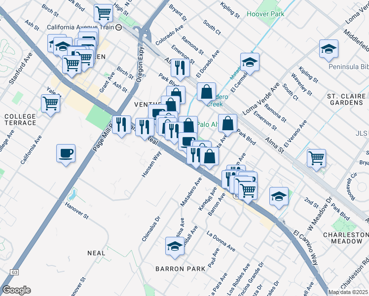 map of restaurants, bars, coffee shops, grocery stores, and more near 3339 El Camino Real in Palo Alto