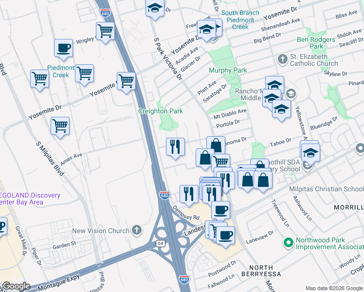 map of restaurants, bars, coffee shops, grocery stores, and more near 1028 Matterhorn Court in Milpitas