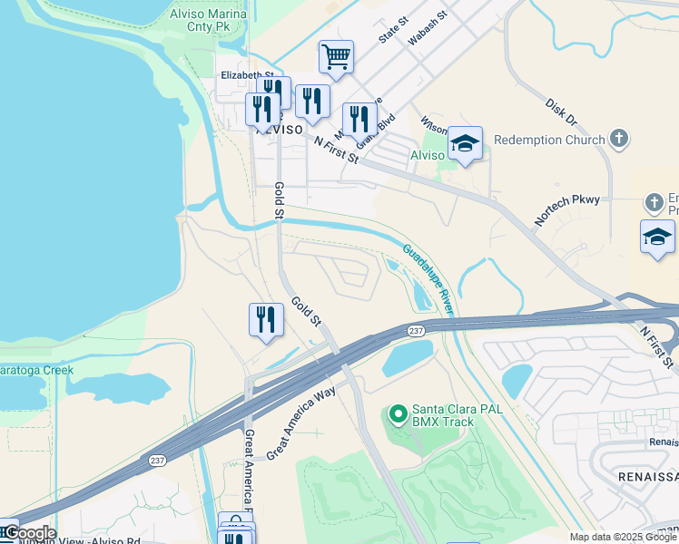 map of restaurants, bars, coffee shops, grocery stores, and more near 2052 Gold Street in San Jose