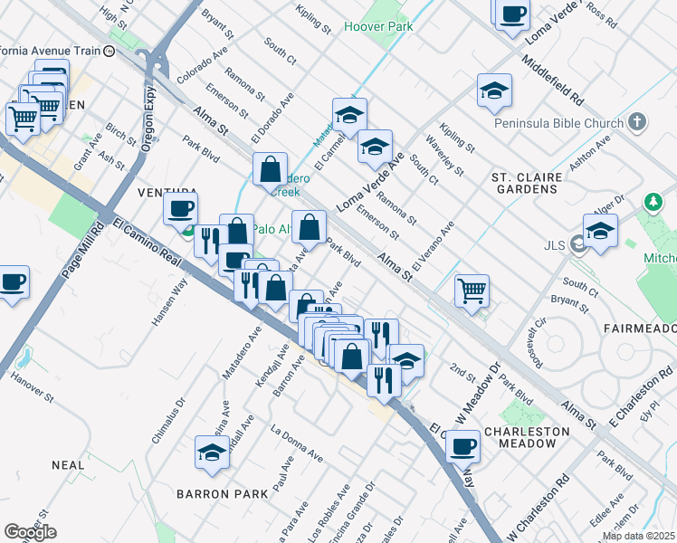 map of restaurants, bars, coffee shops, grocery stores, and more near 240 Wilton Avenue in Palo Alto