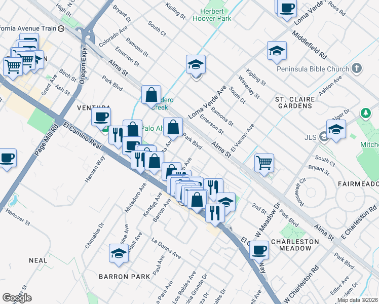 map of restaurants, bars, coffee shops, grocery stores, and more near 240 Wilton Avenue in Palo Alto